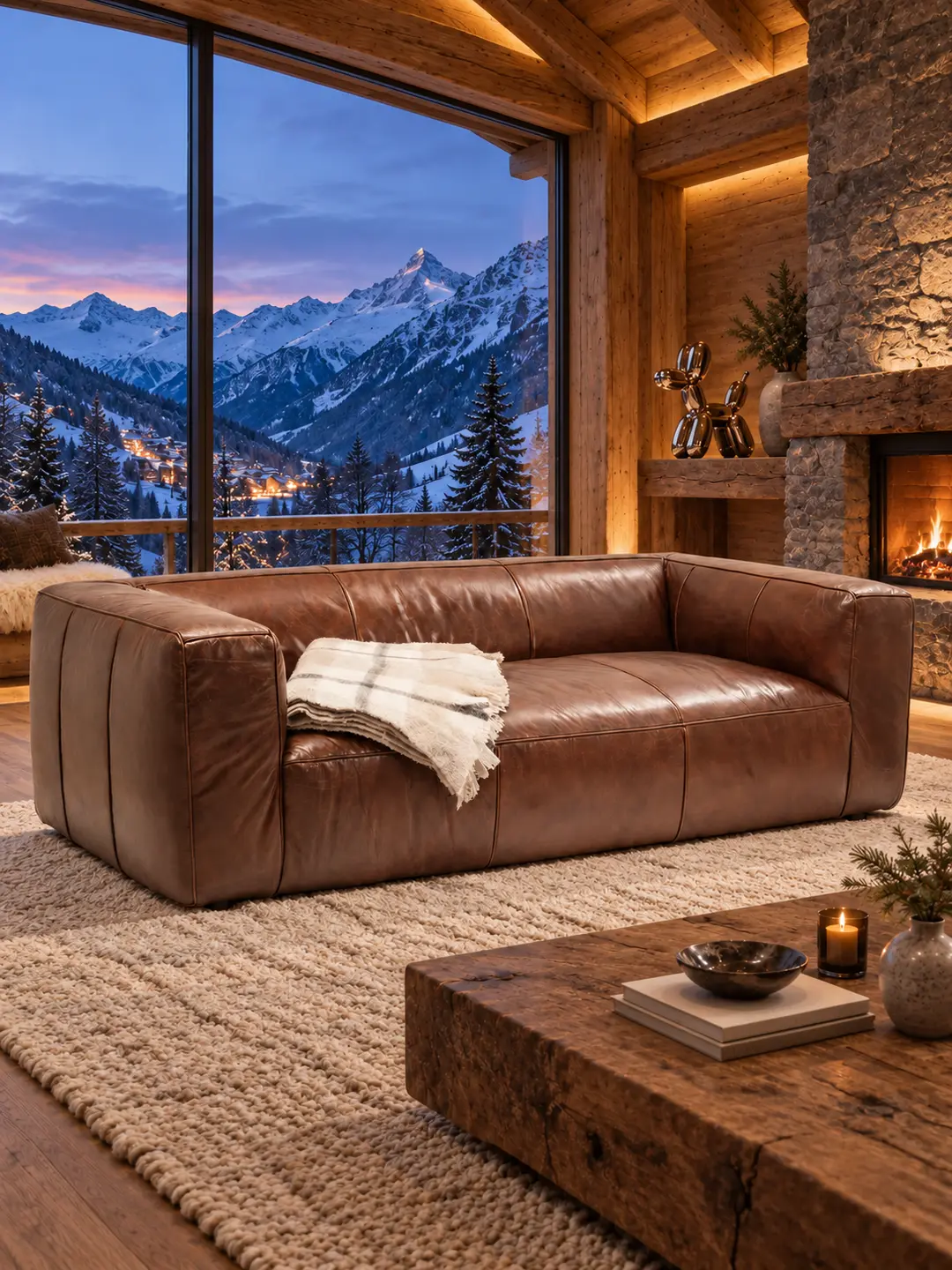 Alpine chalet living room with a leather sofa and a snow-mountain view.